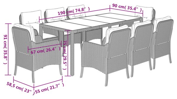 9dílný zahradní jídelní set s poduškami černý polyratan 3211847