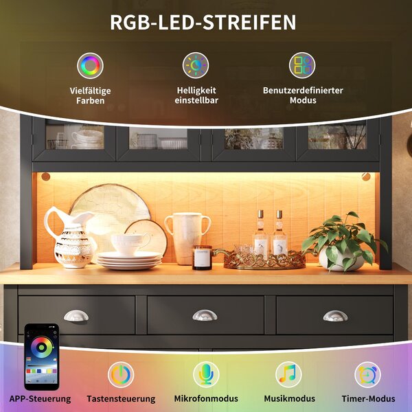 Moderní vysoká skříň s RGB LED osvětlením, skleněnými dvířky a nastavitelnými policemi, komoda s kovovými úchytkami, úložná skříň, černá barva