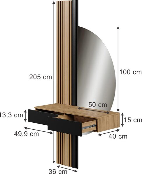 Toaletní stolek Vicco Melina Dub/černá 100 cm se zrcadlem LED, Model 58445
