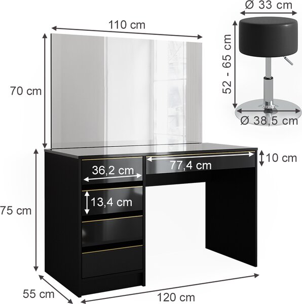 Toaletní stolek Vicco Sherry Černá/zlatá 120 cm se zrcadlem LED a stoličkou, Model 47714