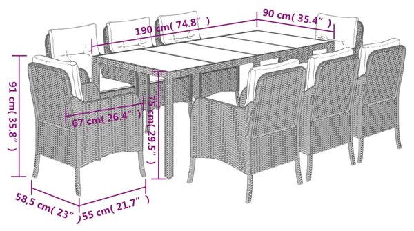 9dílný zahradní jídelní set s poduškami černý polyratan 3211853
