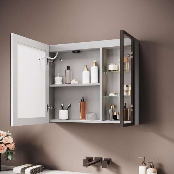 SONNI 70 x 60 x 12,5 cm Dvoudveřová dřevěná zrcadlová skříňka Marocká šedá Funkce proti mlžení Zásuvka pro nabíjení holicího strojku