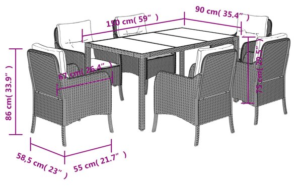 7dílný zahradní jídelní set s poduškami šedý polyratan 3211857