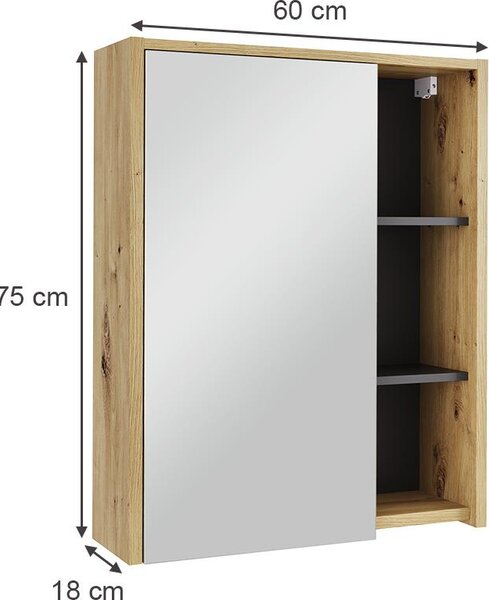 Skříňka se zrcadlem do koupelny Vicco Viola Artisan/šedá 60 x 75 cm s otevřenými policemi, Model 54855