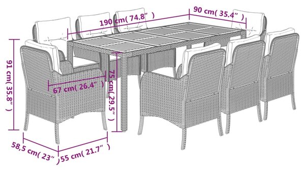9dílný zahradní jídelní set s poduškami černý polyratan 3211865