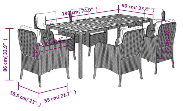 7dílný zahradní jídelní set s poduškami černý polyratan 3211864