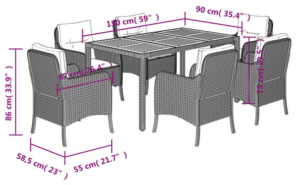 7dílný zahradní jídelní set s poduškami černý polyratan 3211863