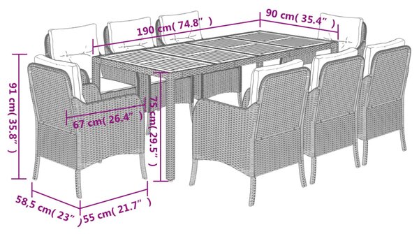 9dílný zahradní jídelní set s poduškami černý polyratan 3211871