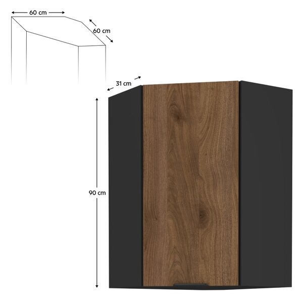 Kondela Horní rohová kuchyňská skříňka Menzo 60x60 GN-90 1F - černá / ořech