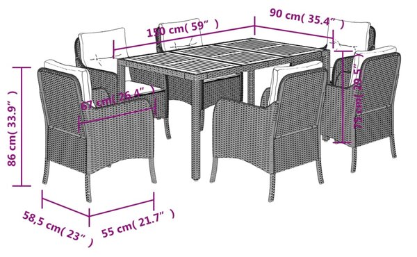 7dílný zahradní jídelní set s poduškami černý polyratan 3211869