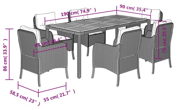 7dílný zahradní jídelní set s poduškami černý polyratan 3211870