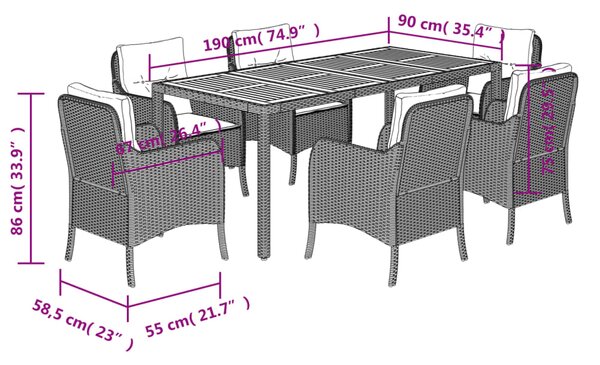 7dílný zahradní jídelní set s poduškami šedý polyratan 3211876