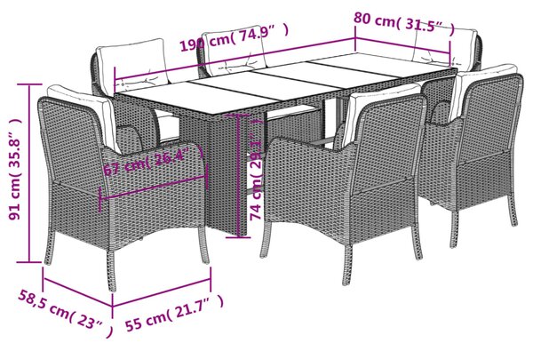 7dílný zahradní jídelní set s poduškami světle šedý polyratan 3211890