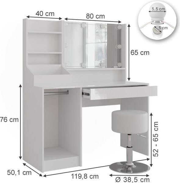 Toaletní stolek Vicco Sherry Bílá/bílý vysoký lesk 119.8 cm 5 dílů, Model 57595