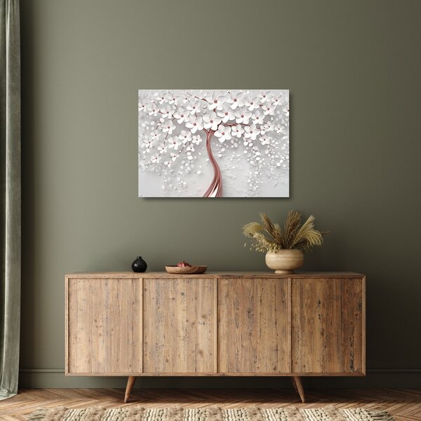 Skleněný obraz - Skleněný obraz bílého stromu s květinami, rosegold (70x50 cm)