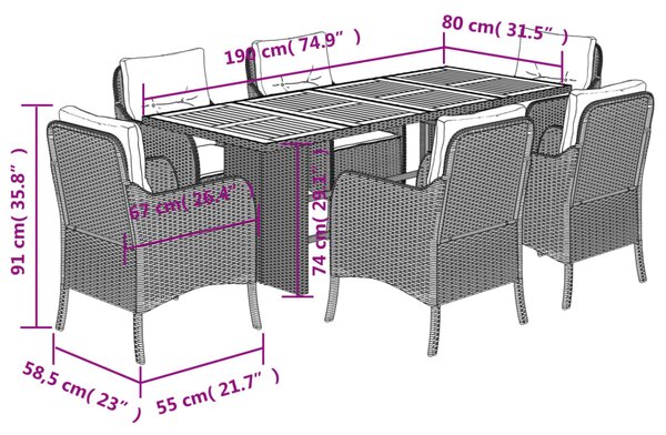 7dílný zahradní jídelní set s poduškami černý polyratan 3211896