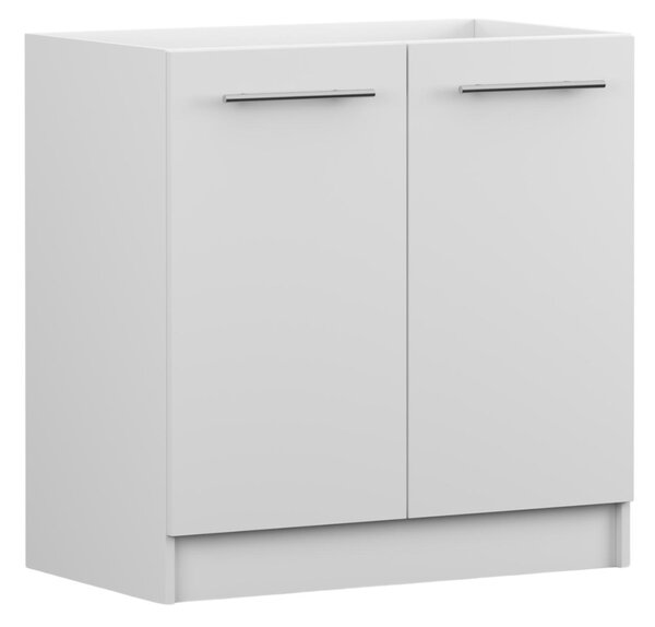 Skříňka pod dřez INEZ, kuchyň, dvoudveřová kuchyňská skříňka 80 cm, bílá/bílá, se dvěma křídlovými dvířky a stříbrnými kovovými úchytkami