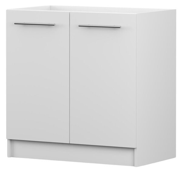 Skříňka pod dřez INEZ, kuchyň, dvoudveřová kuchyňská skříňka 80 cm, bílá/bílá, se dvěma křídlovými dvířky a stříbrnými kovovými úchytkami