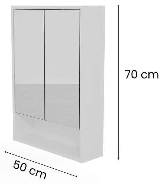 Koupelnová zrcadlová skříňka 50 x 70 cm bílá, skleněné police, bezúchytková dvířka, moderní nástěnný design
