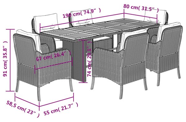 7dílný zahradní jídelní set s poduškami šedý polyratan 3211898