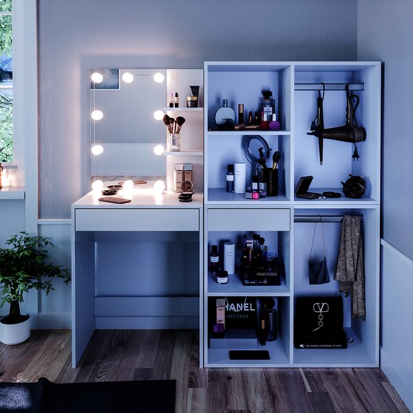 Toaletní stolek Vicco Isabelle Bílá 140 cm s LED osvětlením a skříněmi, Model 34453