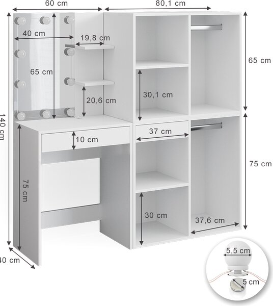 Toaletní stolek Vicco Isabelle Bílá 140 cm s LED osvětlením a skříněmi, Model 34453