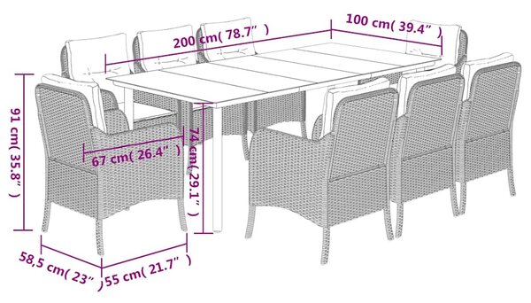 9dílný zahradní jídelní set s poduškami černý polyratan 3211919
