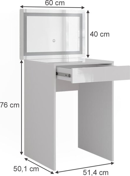 Toaletní stolek Vicco Sherry Bílá/bílý vysoký lesk 51.4 cm s LED zrcadlem, Model 57674