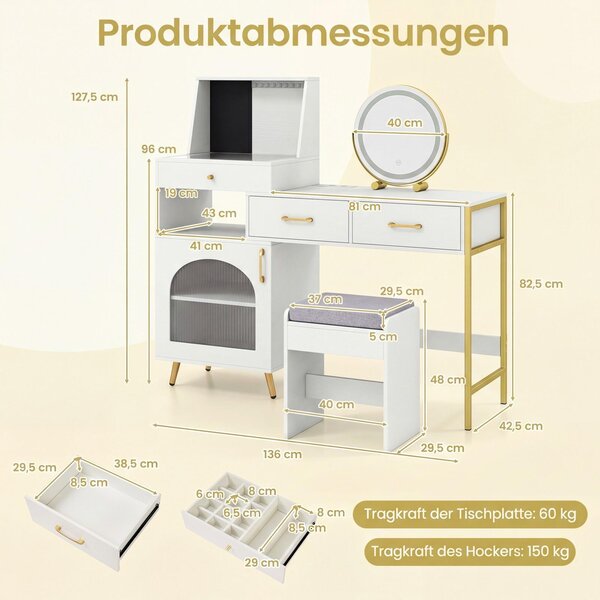 Kosmetický stolek COSTWAY se stoličkou, LED zrcadlem a zásuvkami, toaletní stolek s držákem na 120 prstenů a 10 háčky na náhrdelníky 136x43x127,5 cm