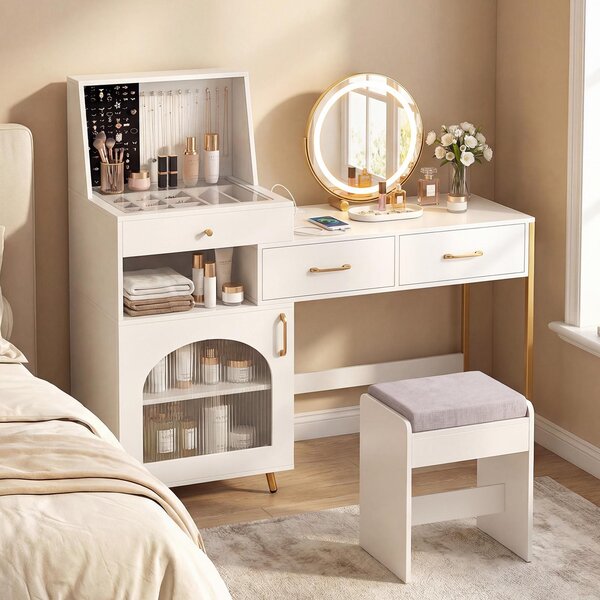 Kosmetický stolek COSTWAY se stoličkou, LED zrcadlem a zásuvkami, toaletní stolek s držákem na 120 prstenů a 10 háčky na náhrdelníky 136x43x127,5 cm