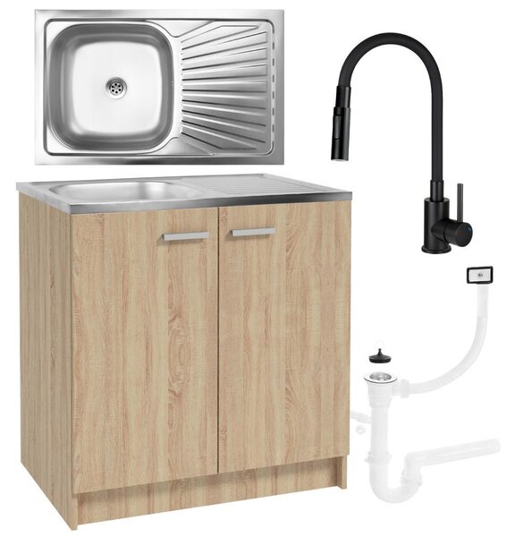 Kuchyňská linka dub Sonoma 80x50 s dřezem a kuchyňskou baterií Deante černá Flexibilní 2v1