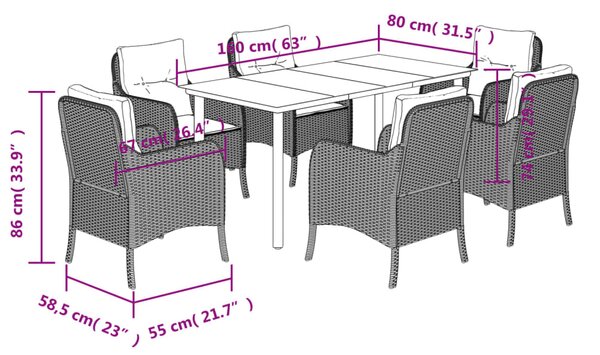 7dílný zahradní jídelní set s poduškami světle šedý polyratan 3212001