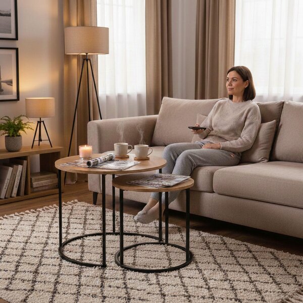 ModernHome YCJ6050T Sada konferenčních stolků, kulaté, světlý dub, 2 ks
