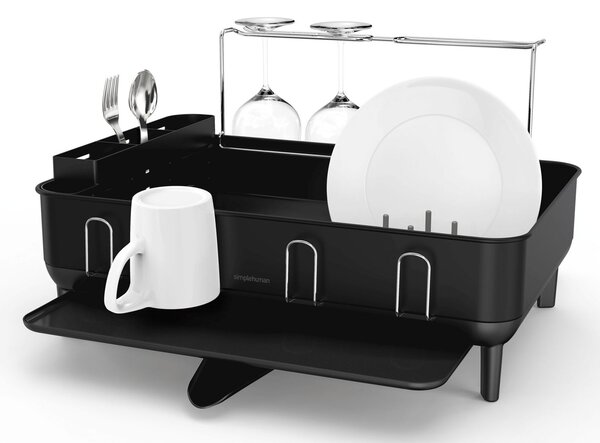 Odkapávač na nádobí Simplehuman s držákem na skleničky, rám z matné černé oceli