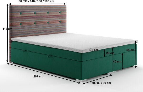 Boxspring postel 140 cm Rinoletto (tmavě zelená + vícebarevné) (s úložným prostorem)