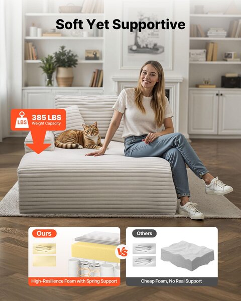 VEVOR chaise longue recliner 138cm, čalouněná rozkládací pohovka s dekorativními polštáři a područkami, rozkládací pohovka s hlubokým sedákem do obývacího pokoje ložnice, lounge křeslo z vysoce elastické houby béžové barvy
