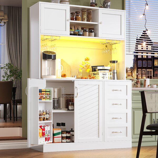 Kuchyňská skříňka Flieks s LED osvětlením, držáky na nápoje, 4 dvířky a 2 velké zásuvky, příborník 120 x 40 x 188 cm, bufetová skříňka, bílá