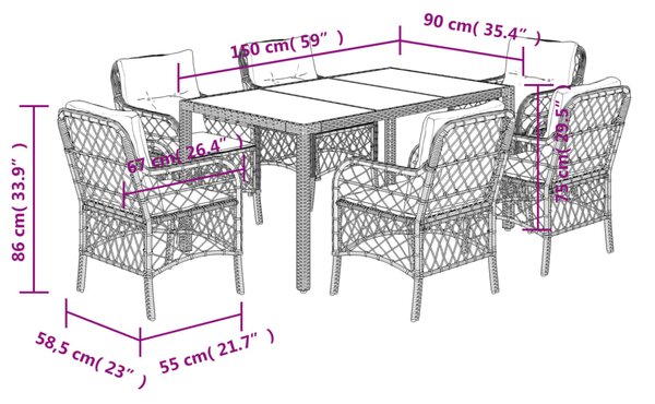 7dílný zahradní jídelní set s poduškami černý polyratan 3212021