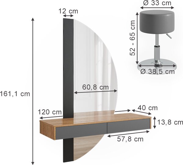 Toaletní stolek Vicco Melisa Šedá 120 cm s osvětlením a stoličkou, Model 47689