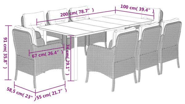 9dílný zahradní jídelní set s poduškami světle šedý polyratan 3212003