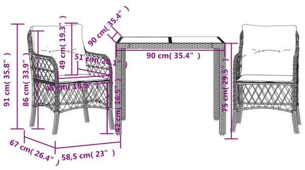 3dílný bistro set s poduškami černý polyratan 3212018