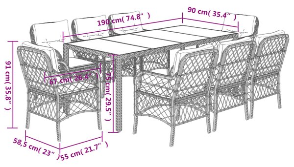 9dílný zahradní jídelní set s poduškami černý polyratan 3212023