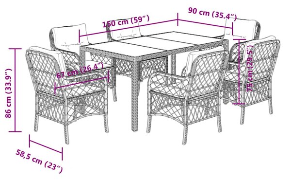 7dílný zahradní jídelní set s poduškami černý polyratan 3212027