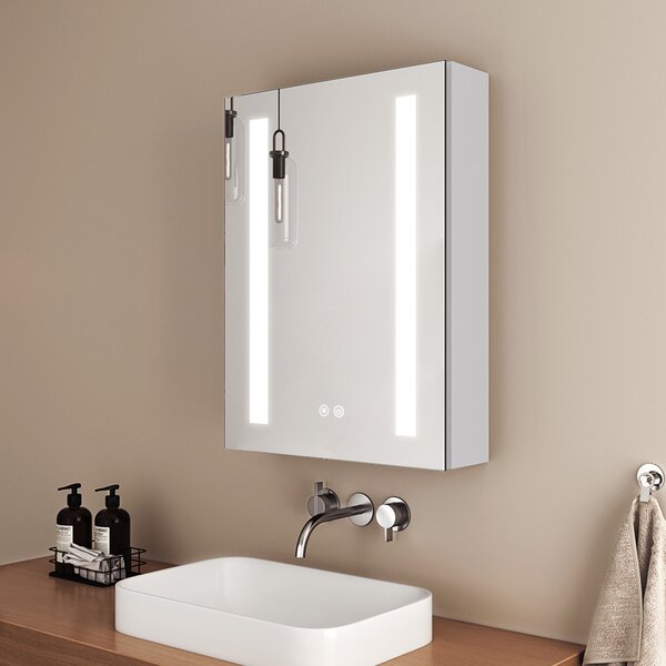 EMKE zrcadlová skříňka s osvětlením 145 x 500 x 700 mm Koupelnová skříňka s ochranou proti zamlžení a dotyku, tříbarevná stmívatelná a zásuvková LED zrcadlová skříňka