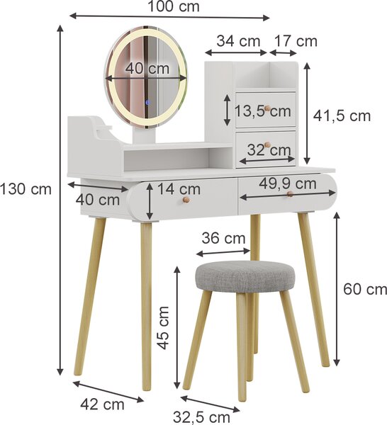 Toaletní stolek Vicco Edda Bílá 100 cm se zrcadlem LED a stoličkou, Model 41314