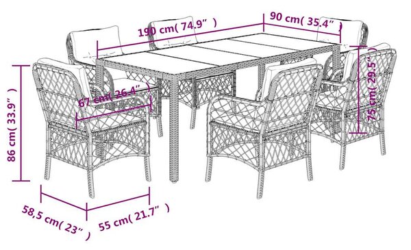 7dílný zahradní jídelní set s poduškami černý polyratan 3212028