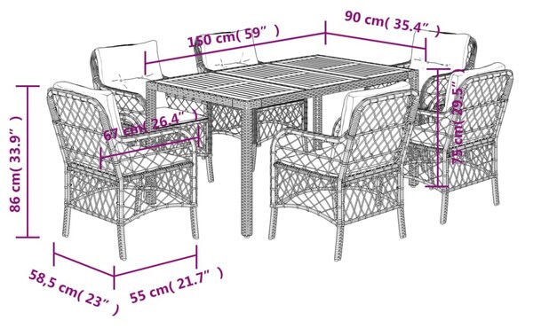 7dílný zahradní jídelní set s poduškami černý polyratan 3212039