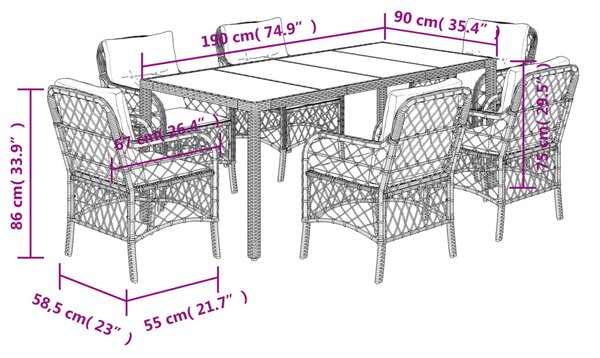 7dílný zahradní jídelní set s poduškami šedý polyratan 3212034