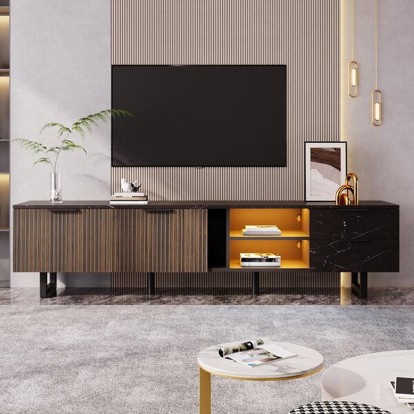TV skříňka Sweiko 200 cm s černým mramorovým vzhledem, dvířky s tmavou kresbou dřeva, nastavitelným LED osvětlením, dvěma dvířky a dvěma zásuvkami, vhodná pro robotické vysavače