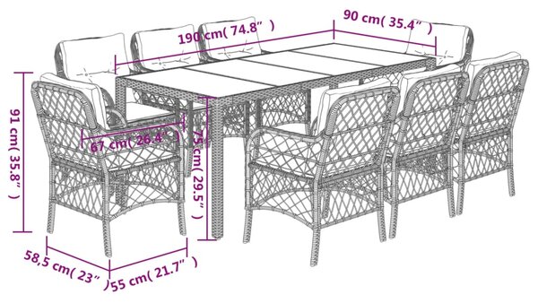 9dílný zahradní jídelní set s poduškami šedý polyratan 3212035